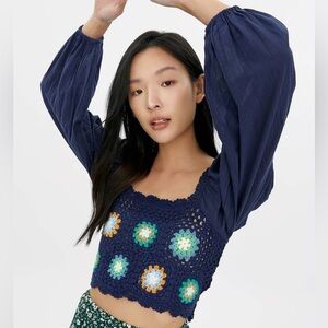 Aerie Blue Crochet Long Sleeve Vacay Top Balloon Puff Sleeves Crop Top
